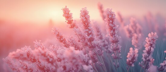 Fototapeta premium Serene Lavender Field at Sunrise Surrounded by a Soft Ethereal Glow