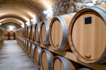 A sophisticated arrangement of wooden barrels in a winery creates a warm and inviting atmosphere, hinting at the craftsmanship behind fine wine production.