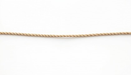 Long brown rope lies horizontally against clean white backdrop. Nautical rope. Minimalist design conveys strength, connection. Nautical theme, marine, sailing, fishing, adventure, climbing,