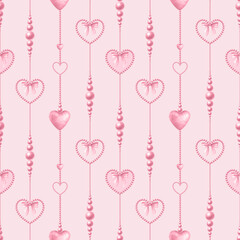Coquette hearts, bows and beads in pastel pink color. Watercolor seamless pattern of pendants hand drawn on pink for cutecore, girl style, romantic design, textile, wrapping, fabric and scrapbooking.