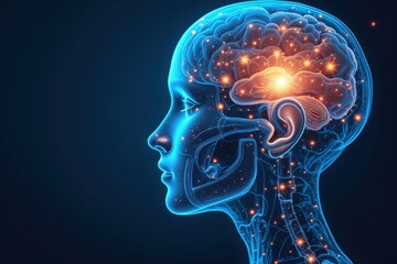 A Glowing Human Brain Visualization, Symbolizing Genius and Cognitive Processes in a Futuristic Style, Featuring Radiating Neural Connections and Vibrant Sparks of Thought