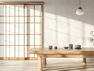 A minimalist Japanese style interior features a light brown wooden table set with traditional tea cups, bathed in soft, natural light. A shoji screen flanks the table, casting shadows on the textured