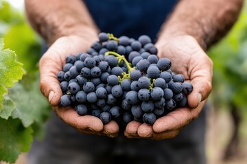 A farmer showcases a generous handful of ripe, plump grapes, symbolizing the hard work and rewarding harvest in sustainable grape cultivation and winemaking.