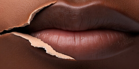 Fototapeta premium Close-up of Lips with Peeling Skin and Dark Brown Lipstick