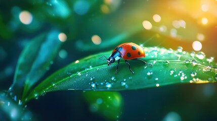 Naklejka premium A vibrant ladybug rests delicately on a leaf adorned with glistening dew drops, surrounded by a blurred colorful background that captures the essence of nature's beauty.