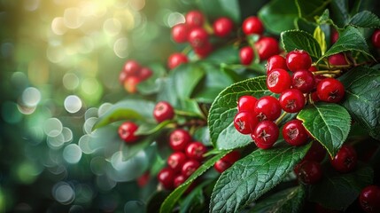 Fototapeta premium A close-up of vibrant red berries on lush green leaves, illuminated by soft light.