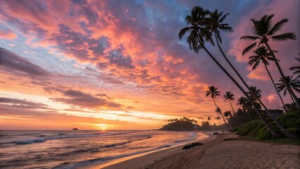 Fototapeta premium Stunning Tropical Beach Sunset with Palm Trees.