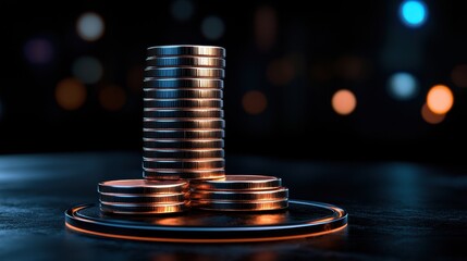 Stacked coins displaying growth and financial investment against a blurred background.