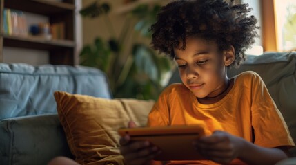 Child engrossed in screen time on couch.