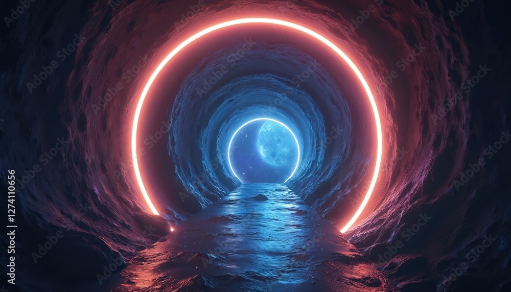 Leinwandbilder ai generated illustration inner tunnel view with bright neon rings, fantasy planet in deep space. co