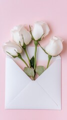 Fototapeta premium a white envelope with white roses on isolated background