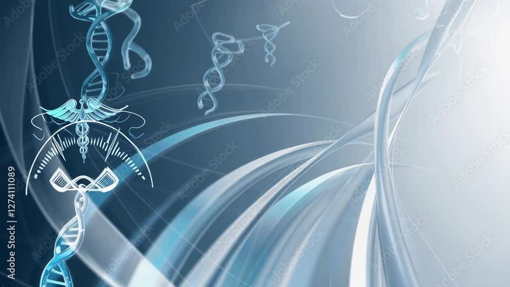 Poster Smooth animation featuring a stylized caduceus and dna double helix rotating slowly against an abstract medical background, ideal for healthcare videos