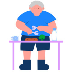 senior man enjoying a meal at a campsite flat vector illustration