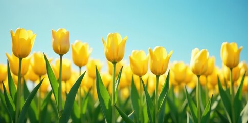 Fototapeta premium Striking yellow tulips in a neat line, sunny day , sunny, sun