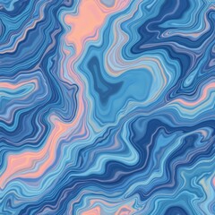 Fototapeta premium Seamless pattern with blue iridescent wavy glass texture. Abstract liquid background. Light blue, dark blue, peach colors. Holographic, metallic, foil, prism effects. Decorative wall, wallpaper