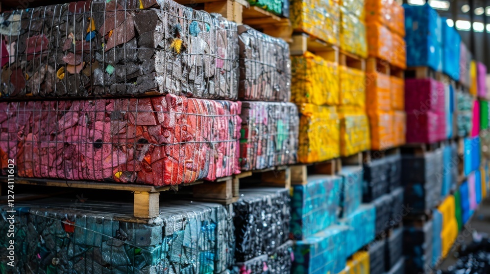 Poster a vibrant display of recycled plastic blocks stacked on pallets in a storage facility emphasizes the
