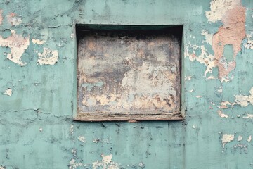 Weathered teal wall with a damaged frame.