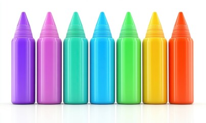 Colorful bottles of paint arranged in a vibrant line on a white background, showcasing creativity
