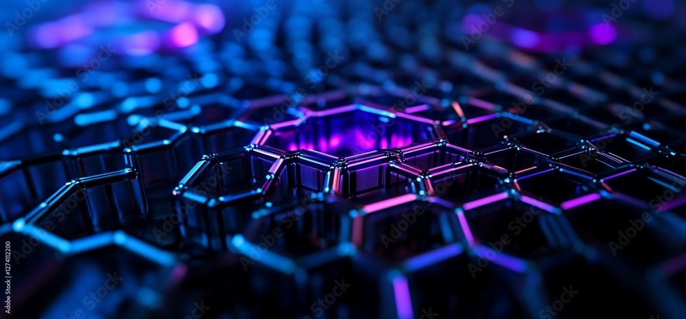 Poster luminous hexagons interconnected, abstract technological network structure