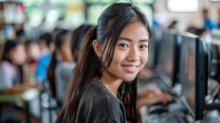 Woman sits at computer, smiling for camera amidst others in a room with computers.