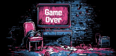 Retro Vandalism Scene with Glitchy Video Game Elements and "Game Over" Displayed on TV Screen
