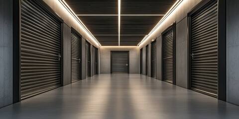 Obraz premium Indoor Storage Unit Hallway with Metal Doors and Modern Lighting Fixtures Design