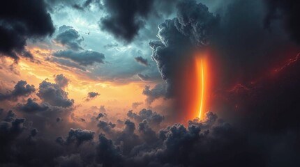 Dramatic storm clouds with glowing rift in the sky