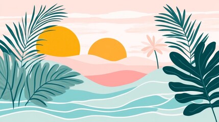 Tropical Sunset Paradise: A Vibrant Coastal Illustration
