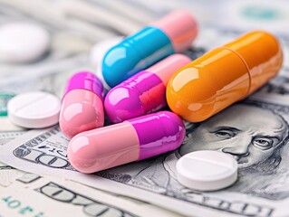 Vibrant capsules and pills on a background of US currency, symbolizing medication costs.
