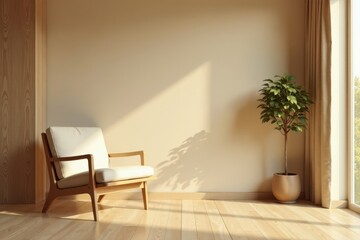 Beige room, wooden chair, wood paneling Cozy, calm interior , bedroom, design, home