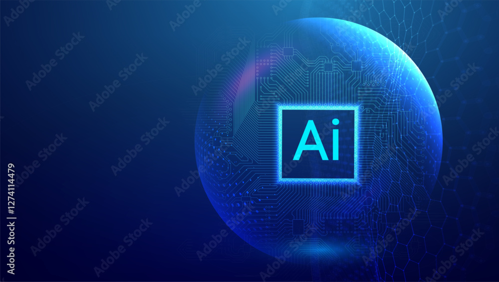 Poster futuristic ai technology concept with glowing blue circuit board sphere, artificial intelligence mic