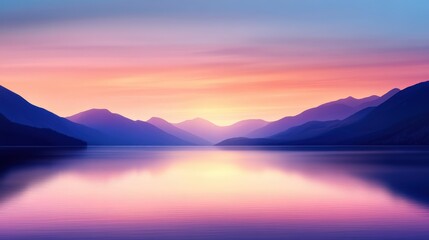 A serene sunset reflecting on a calm lake, surrounded by majestic mountains. The vibrant colors create a tranquil atmosphere, perfect for relaxation and nature enthusiasts.
