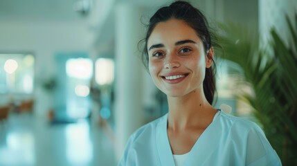 Fototapeta premium A woman stands confidently in a professional setting, dressed in a white lab coat.