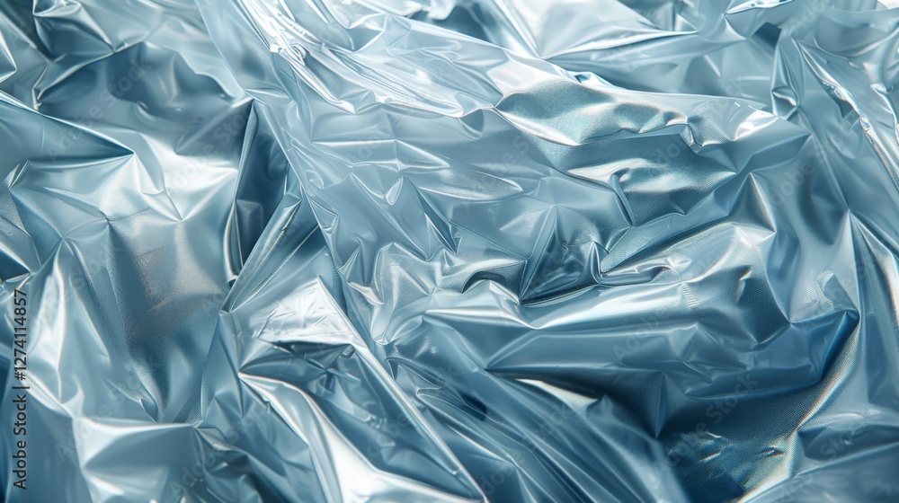 Poster Blue plastic sheets are crumpled together, displaying a glossy surface with fascinating light reflections. The texture highlights the interplay of shadows and creases, creating depth.