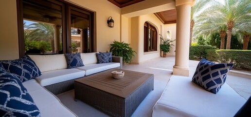 Luxury villa terrace featuring contemporary outdoor furniture and serene landscape