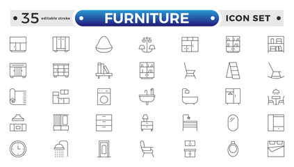 Furniture outline icon set. Home interior, linear icons. Piece of furniture for the living room, bedroom, office, workplace, children's room and kitchen. Editable stroke outline icon. 
