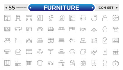 Furniture outline icon set. Home interior, linear icons. Piece of furniture for the living room, bedroom, office, workplace, children's room and kitchen. Editable stroke outline icon. 
