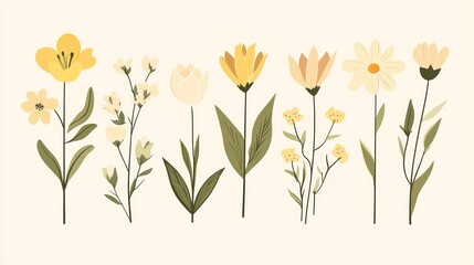 Floral Illustration Set of Various Yellow and Cream Flowers