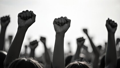 Silhouettes of diverse people raise clenched fists in monochrome. Crowd solidarity power concept. Unity against oppression, fight for rights, support, empowerment, social justice. Group monochrome.