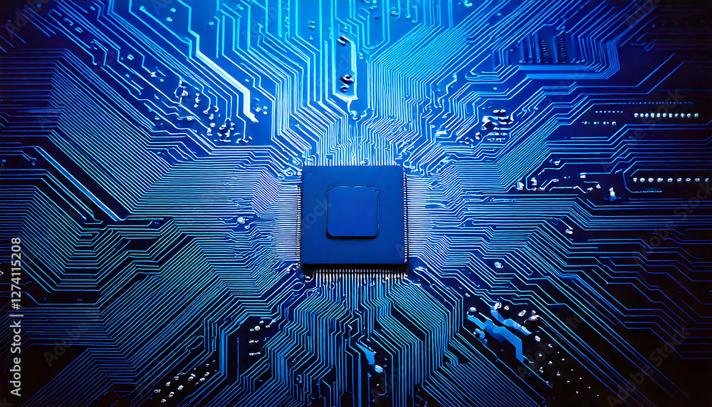Poster stunning close-up of a circuit board, showcasing intricate blue circuitry and a central processor. p