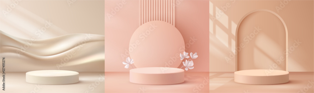 Aufkleber Podiums set for cosmetics or products for sale. Vector realistic background for advertisement or commercial. Minimalist mockup of scenes for goods, rays of sun and display presentations