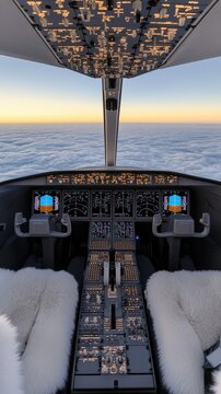 The cockpit of a commercial airplane sits high above the fluffy clouds, offering a stunning view of a breathtaking sunset