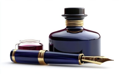 Elegant fountain pen and ink bottle on a clean surface, showcasing writing tools for creativity