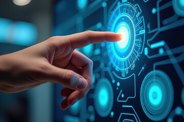 A Human Hand Interacting with a Futuristic Touchscreen Interface Highlighting Digital Connectivity and Technology in a Modern Workspace