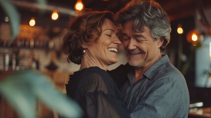 An older couple sharing an intimate moment indoors, smiling and close together.