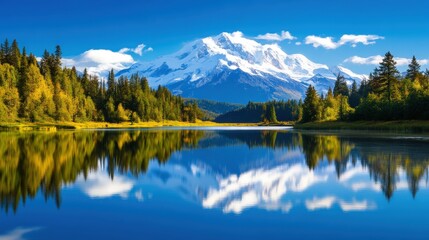A breathtaking landscape showcasing a tranquil lake reflecting majestic mountains under a clear blue sky, surrounded by lush greenery. Perfect for nature lovers and adventurers.