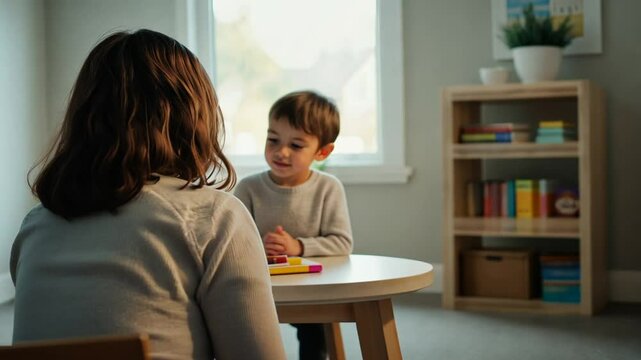 A child psychologist guides a nurturing therapy session with a young child and their mother.