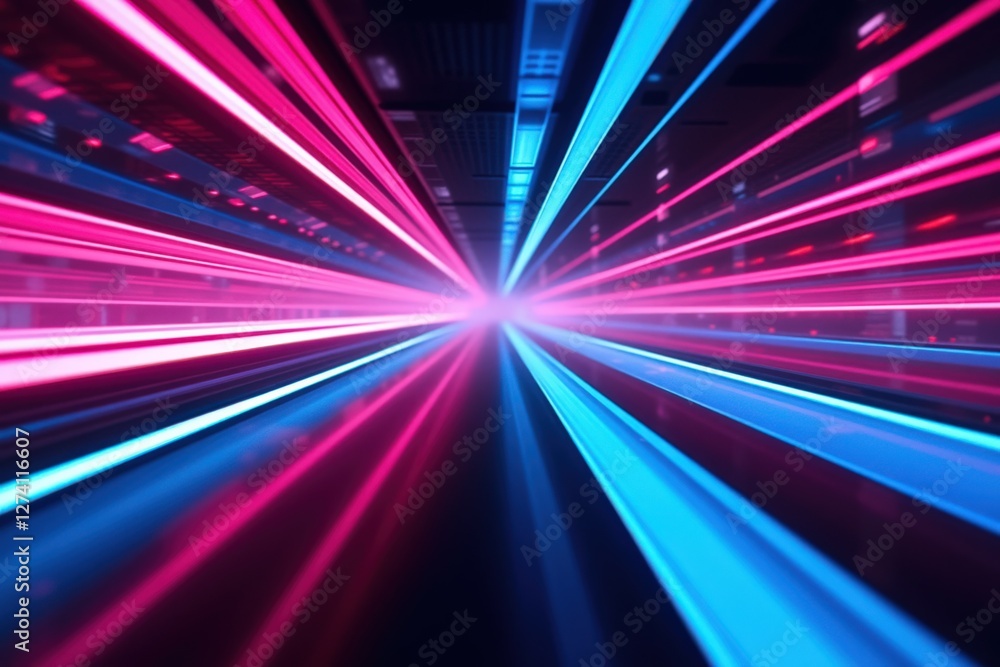 Poster a vivid showcase of neon light beams creating a dynamic and futuristic atmosphere in a high-tech env