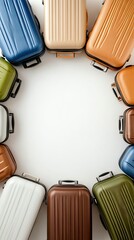 Colorful luggage arranged in a circular pattern on a light background for travel planning and packing inspiration