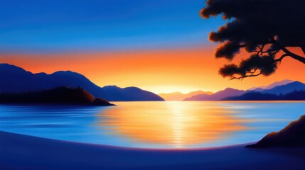 Fototapeta premium A stunning sunset scene over a tranquil lake, with vibrant colors reflecting off the water
